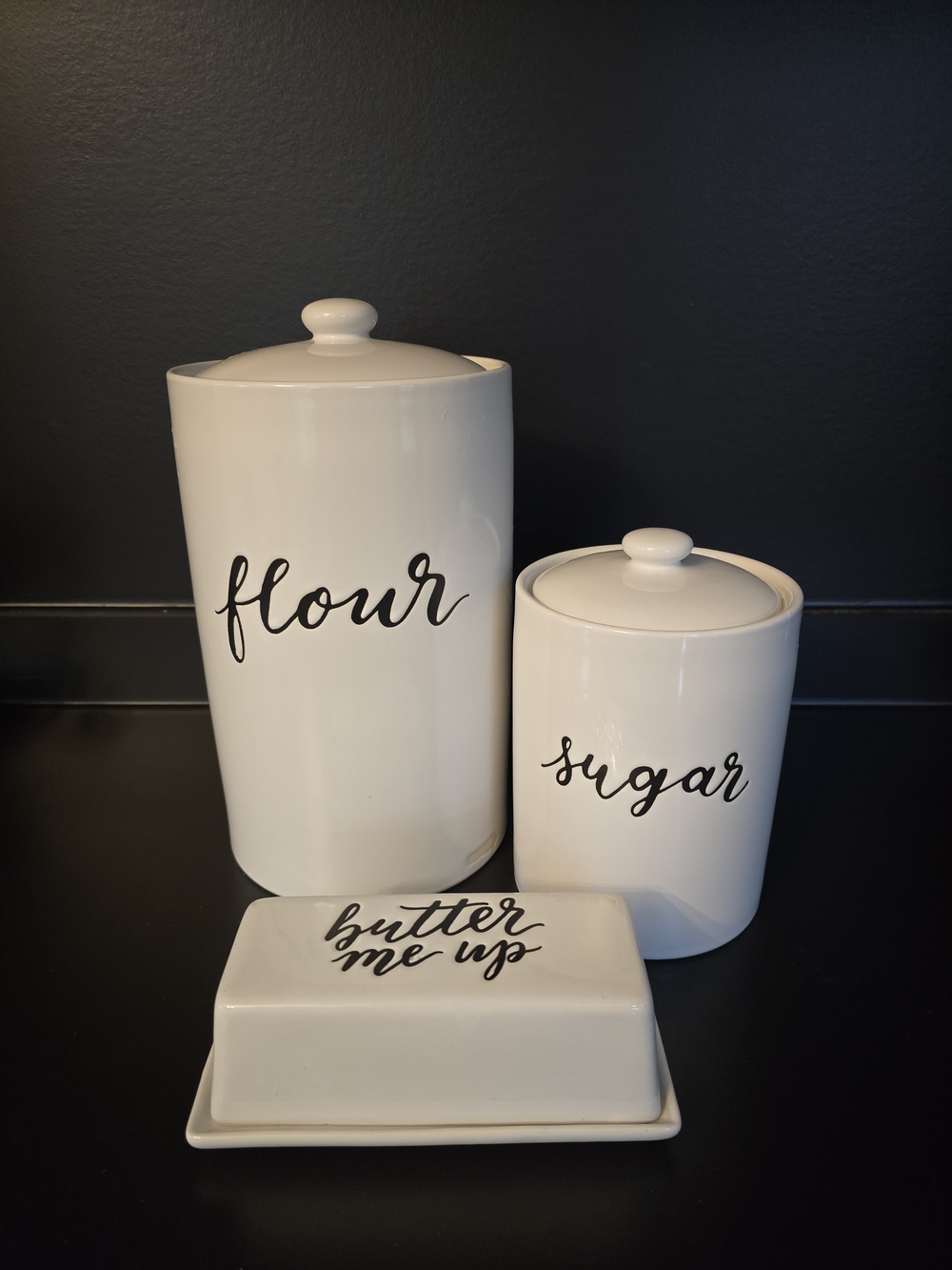 Ceramic Flour, Sugar Canisters and Butter Dish Set - White